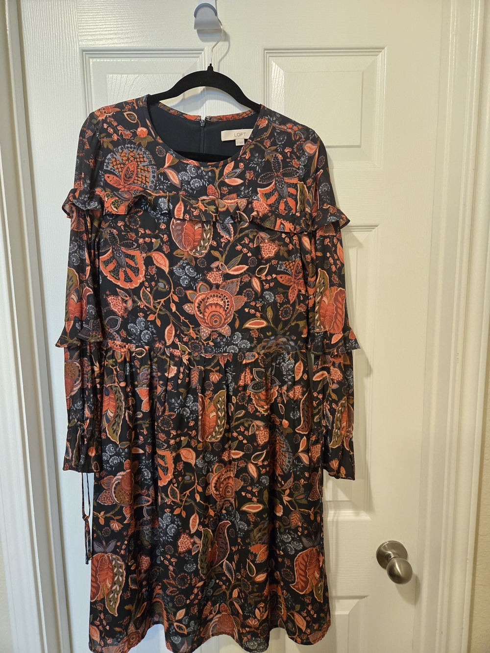 LOFT Black Floral Ruffle Tiered Long-Sleeve Dress
